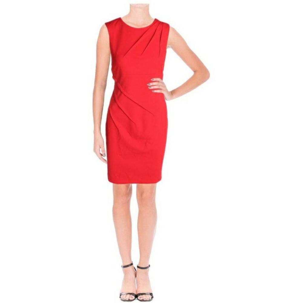 Calvin Klein Red Sleeveless Sheath Pleated Dress
